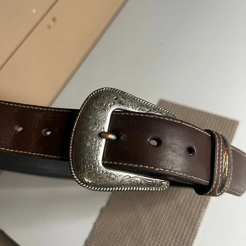 Nocona Mens Brown Leather Western Belt Woven Inlay Silver Concho Buckle Size 36